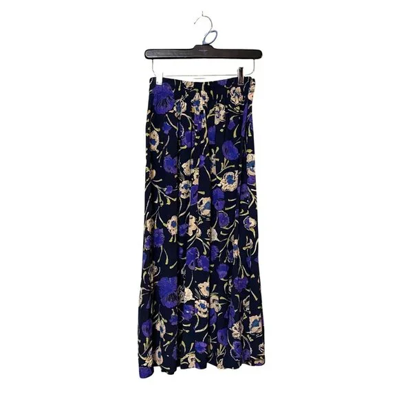 Vtg Maggie Lawrence Floral Maxi Skirt Elastic Waist Navy Purple USA Made - Picture 2 of 7